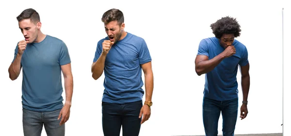ヒスパニック系と体調不良や風邪や気管支炎の症状として咳を感じて孤立の背景の上のアフリカ系アメリカ人の男性のグループのコラージュ ヘルスケアの概念 — ストック写真