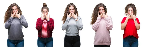 Collage Joven Morena Pelo Rizado Chica Sobre Fondo Aislado Impactó — Foto de Stock