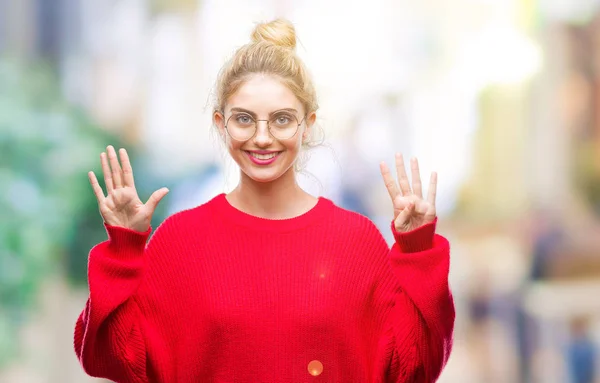 Joven Hermosa Mujer Rubia Con Suéter Rojo Gafas Sobre Fondo — Foto de Stock