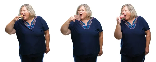 stock image Collage of senior fat woman eating chocolate, donut and waffle over isolated background with a confident expression on smart face thinking serious