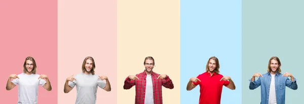 Collage Eines Jungen Gutaussehenden Mannes Über Bunten Streifen Isolierten Hintergrund — Stockfoto