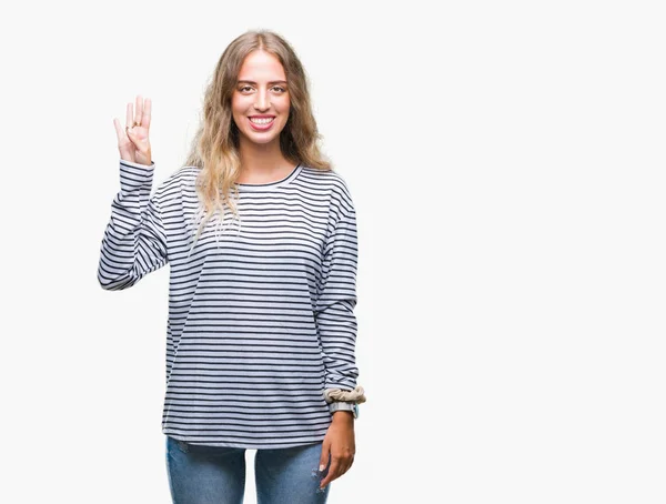 Beautiful Young Blonde Woman Wearing Stripes Sweater Isolated Background Showing — Stock Photo, Image
