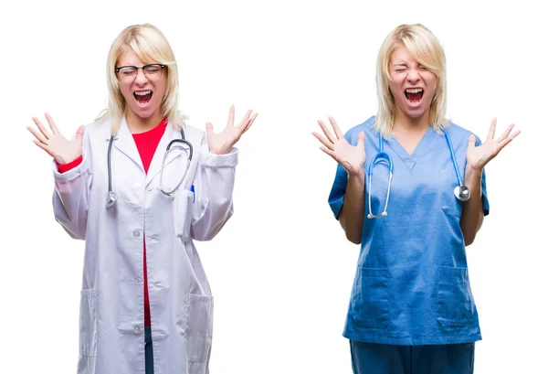 Collage Läkare Och Sjuksköterska Kvinna Över Vita Isolerade Bakgrund Firar — Stockfoto