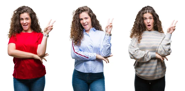 Collage Joven Morena Pelo Rizado Chica Sobre Fondo Aislado Sonriendo —  Fotos de Stock