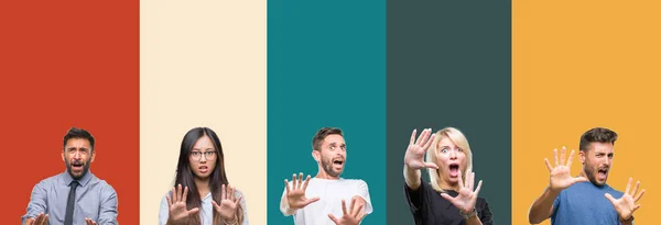 Collage Diferentes Etnias Jóvenes Sobre Rayas Coloridas Fondo Aislado Miedo —  Fotos de Stock