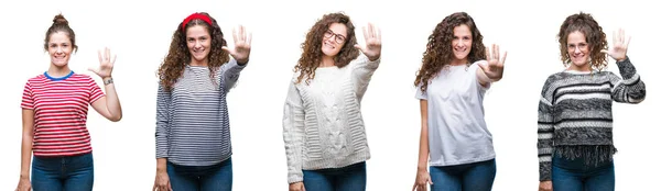 Colagem Jovem Morena Cabelo Encaracolado Menina Sobre Fundo Isolado Mostrando — Fotografia de Stock