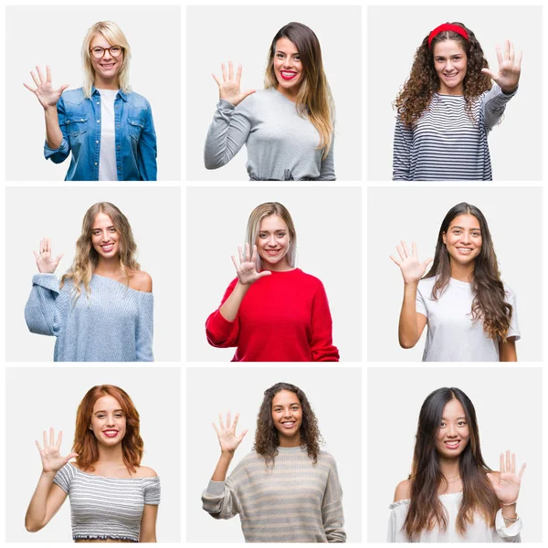 Collage Unga Vackra Kvinnor Över Isolerade Bakgrund Visar Och Pekar — Stockfoto