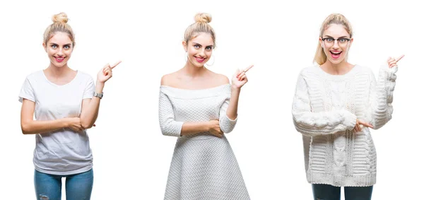 Collage Giovane Bella Donna Bionda Sfondo Bianco Isolato Con Grande — Foto Stock