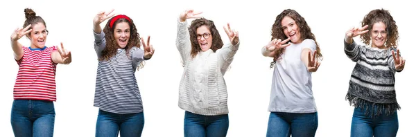 Collage Van Jonge Brunette Krullend Haar Meisje Geïsoleerde Achtergrond Glimlachend — Stockfoto