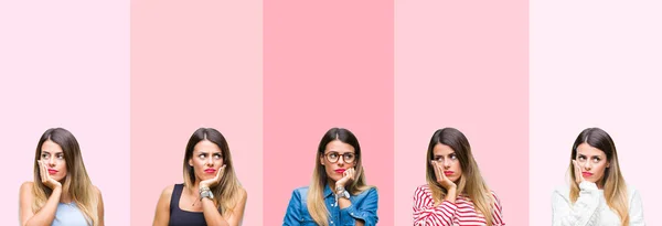 Collage Mujer Hermosa Joven Sobre Rayas Rosadas Fondo Aislado Pensando —  Fotos de Stock