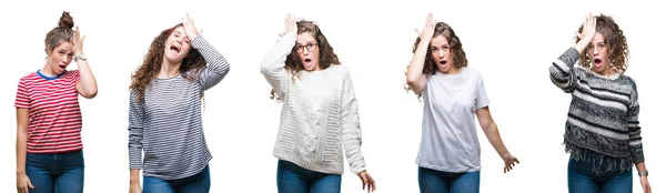 Collage Van Jonge Brunette Krullend Haar Meisje Geïsoleerde Achtergrond Verrast — Stockfoto