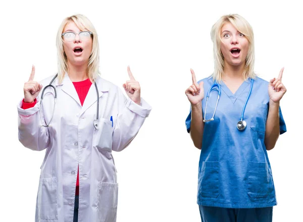 Collage Läkare Och Sjuksköterska Kvinna Över Vit Isolerade Bakgrund Förvånad — Stockfoto