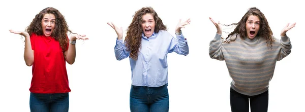 Collage Van Jonge Brunette Krullend Haar Meisje Geïsoleerde Achtergrond Vieren — Stockfoto