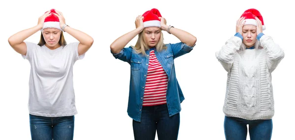 Kolaj Bir Grup Genç Kadını Noel Şapka Çünkü Umutsuz Stresli — Stok fotoğraf
