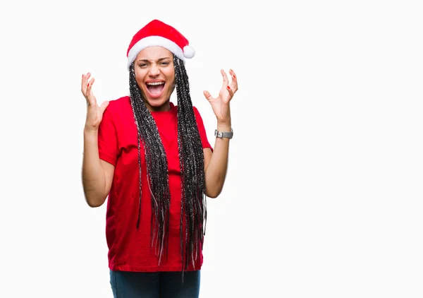 Joven Chica Afroamericana Trenzada Con Sombrero Navidad Sobre Fondo Aislado — Foto de Stock