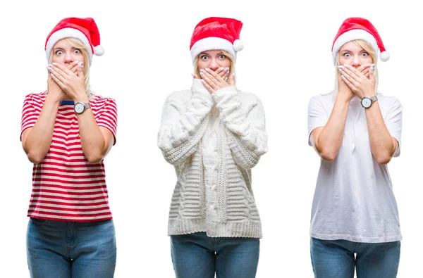 Collage Van Mooie Blonde Vrouw Met Kerst Hoed Geïsoleerde Achtergrond — Stockfoto