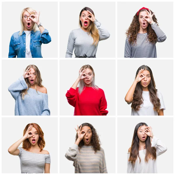 Collage Mujeres Hermosas Jóvenes Sobre Fondo Aislado Haciendo Gesto Bien —  Fotos de Stock