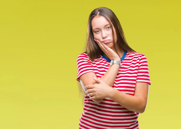 Joven Caucásica Hermosa Mujer Sobre Aislado Fondo Pensamiento Buscando Cansado —  Fotos de Stock