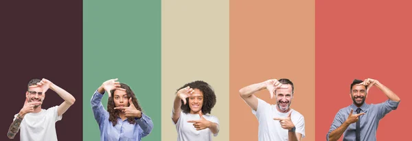 Collage Gruppo Giovani Anziani Sfondo Colorato Isolato Sorridente Facendo Cornice — Foto Stock