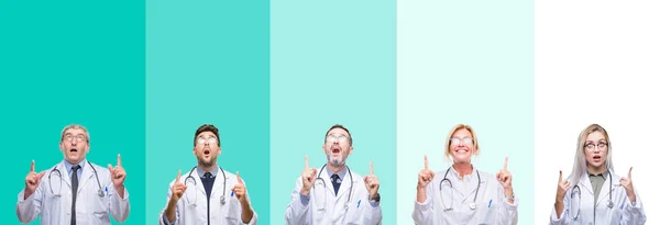 Collage Gruppo Medici Che Indossano Stetoscopio Sfondo Colorato Isolato Stupito — Foto Stock