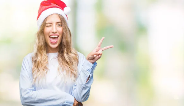 Hermosa Mujer Rubia Joven Con Sombrero Navidad Sobre Fondo Aislado —  Fotos de Stock