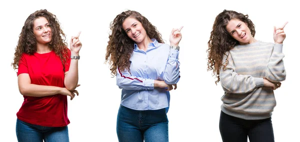 Collage Young Brunette Curly Hair Girl Isolated Background Big Smile — 图库照片