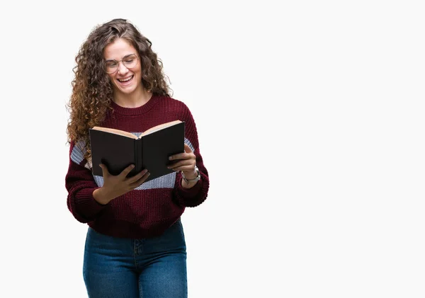Young Brunette Girl Reading Book Wearing Glasses Isolated Background Happy — Stock Photo, Image