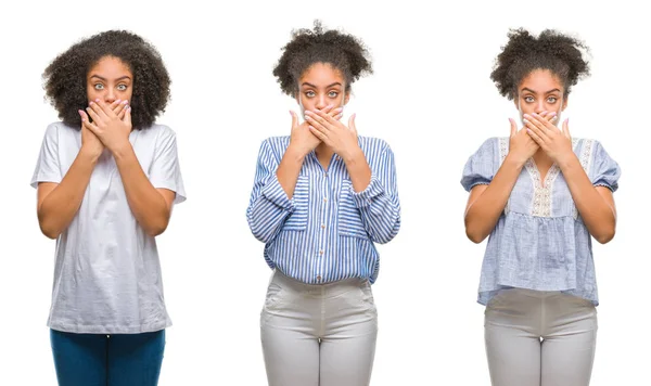 Collage Einer Afrikanisch Amerikanischen Frau Vor Isoliertem Hintergrund Schockiert Mund — Stockfoto