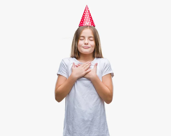 Young Beautiful Girl Wearing Birthday Cap Isolated Background Smiling Hands — Stock Photo, Image