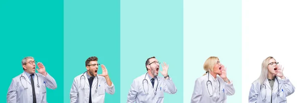 Collage Einer Gruppe Von Ärzten Mit Stethoskop Vor Buntem Isoliertem — Stockfoto
