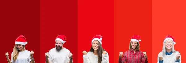 Collage Group Young People Wearing Chrismast Hat Isolated Background Very — Stock Photo, Image