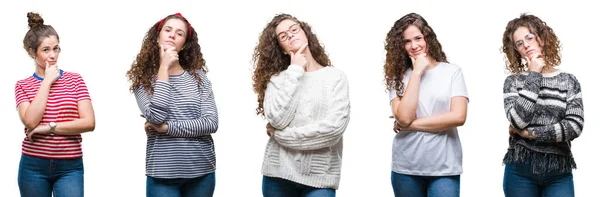 Collage Eines Jungen Brünetten Mädchens Mit Lockigem Haar Vor Isoliertem — Stockfoto