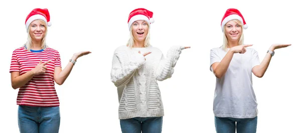 Collage Einer Schönen Blonden Frau Mit Weihnachtsmütze Vor Isoliertem Hintergrund — Stockfoto