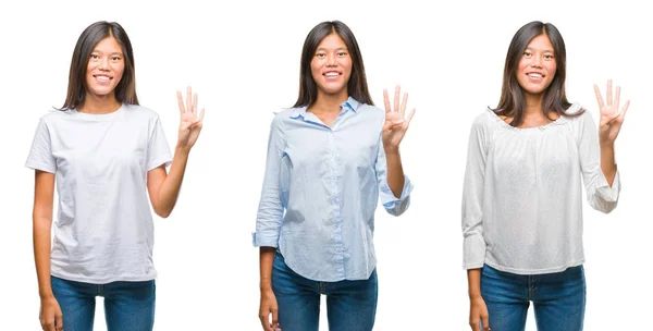 孤立した白地の表示と指で上向きに立ってアジアの若い女性のコラージュ数は自信を持って 幸せな笑みを浮かべている間 — ストック写真