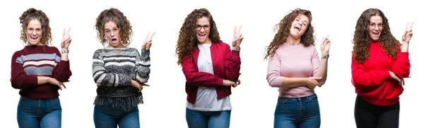 Collage Eines Jungen Brünetten Mädchens Mit Lockigem Haar Vor Isoliertem — Stockfoto