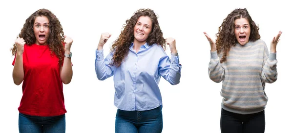 Collage Young Brunette Curly Hair Girl Isolated Background Celebrating Surprised — Stock Photo, Image