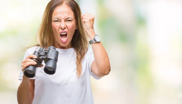 Hispanische Frau Mittleren Alters Die Durch Ferngläser Auf Isolierten Hintergrund — Stockfoto