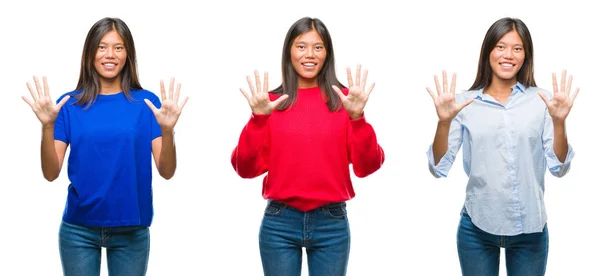 孤立した白地の表示と指で上向きに立ってアジアの若い女性のコラージュ番号 自信を持って 幸せな笑みを浮かべて — ストック写真
