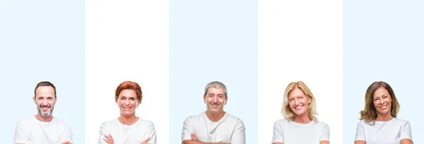 Collage Group Middle Age Senior People Wearing White Shirt Isolated — Stock Photo, Image