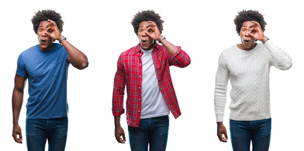 Colagem Afro Americano Jovem Bonito Homem Sobre Fundo Isolado Fazendo — Fotografia de Stock