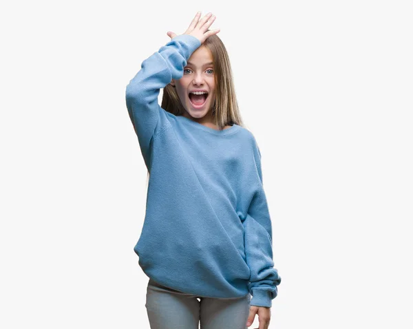 Młode Piękne Dziewczyny Noszenia Sweter Zimowy Białym Tle Zaskoczony Ręki — Zdjęcie stockowe