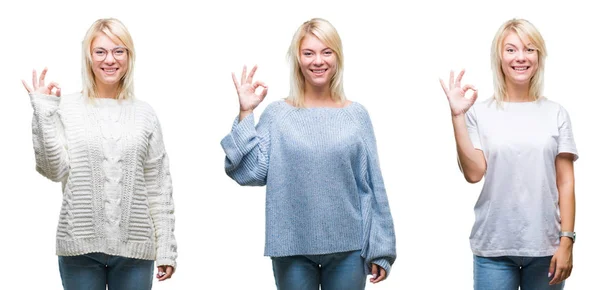 Collage Einer Schönen Blonden Frau Winterpullover Vor Isoliertem Hintergrund Die — Stockfoto