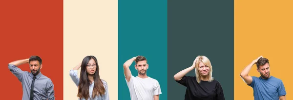 Collage Diferentes Etnias Jóvenes Sobre Rayas Colores Fondo Aislado Confunden —  Fotos de Stock