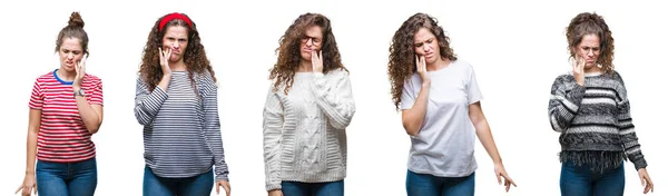 Collage Van Jonge Brunette Krullend Haar Meisje Geïsoleerde Achtergrond Mond — Stockfoto