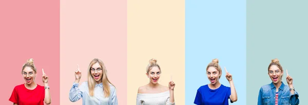 Colagem Bela Mulher Loira Sobre Listras Coloridas Isolado Fundo Apontando — Fotografia de Stock