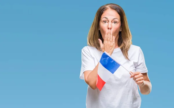 Латиноамериканка Средних Лет Держащая Флаг Франции Изолированном Заднем Плане Прикрывает — стоковое фото