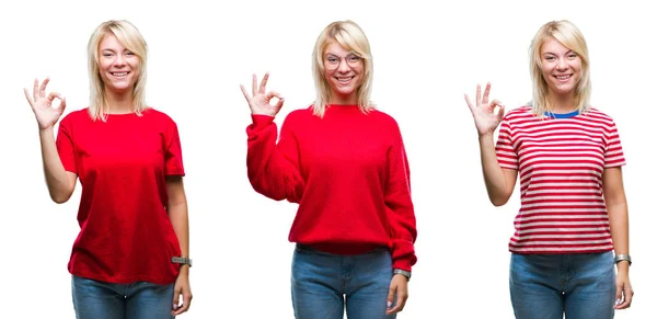 Коллаж Красивой Блондинки Носить Случайный Красный Изолированном Фоне Улыбаясь Положительный — стоковое фото
