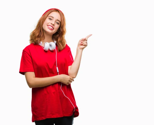 Vrouw Van Jonge Mooie Hipster Geïsoleerde Achtergrond Dragen Van Hoofdtelefoons — Stockfoto