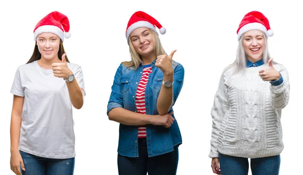Колаж Групи Молодих Жінок Які Носять Різдвяний Капелюх Над Ізольованим — стокове фото
