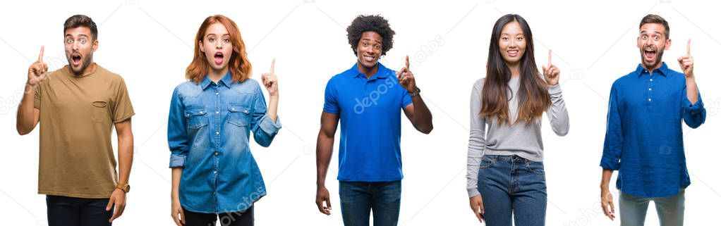 Composition of african american, hispanic and chinese group of people over isolated white background pointing finger up with successful idea. Exited and happy. Number one.